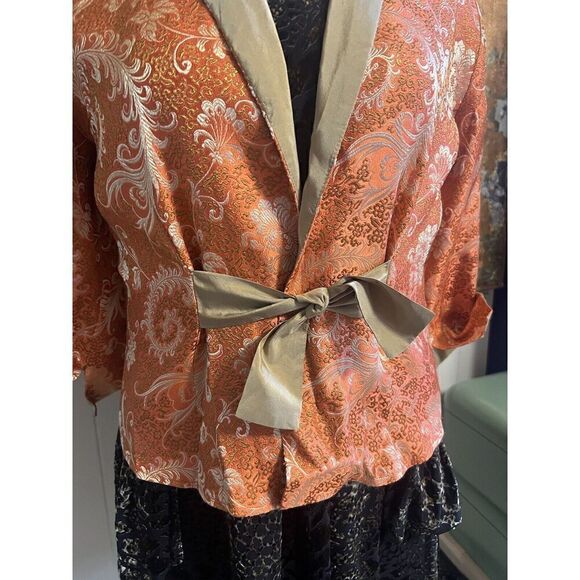 Vintage Gigi Clark Modern Couture 5/L Jacket Orange Gold Tie Front Jacquard - Picture 3 of 9